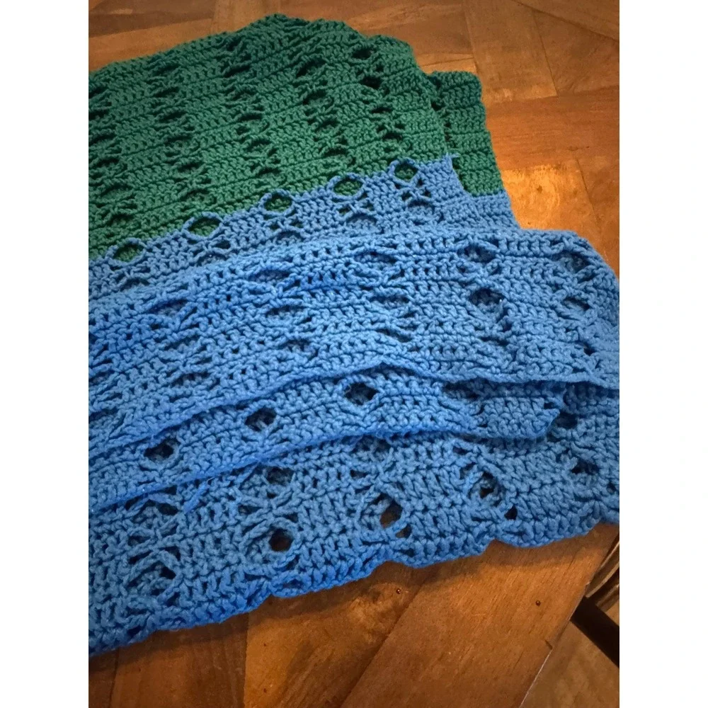 Handmade Granny Crochet Throw Blanket Green Blue Two Tone Open‎ Weave Boho Wrap